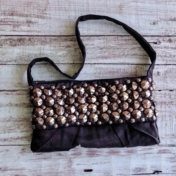 Handmade Handbag Remade Black Prom Dress 1 Of A Kind Goth Glam Retro Studded - Picture 6 of 8